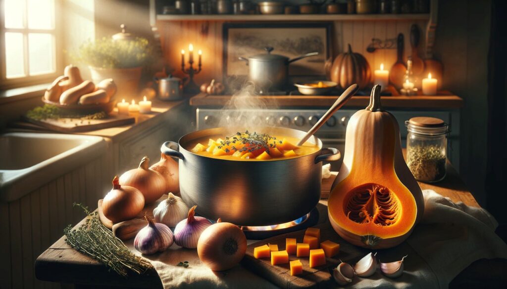 Squash Garden Recipes 2 A warm and inviting kitchen scene with a large pot of butternut squash soup simmering on the stove. The ingredients are spread out on the counter