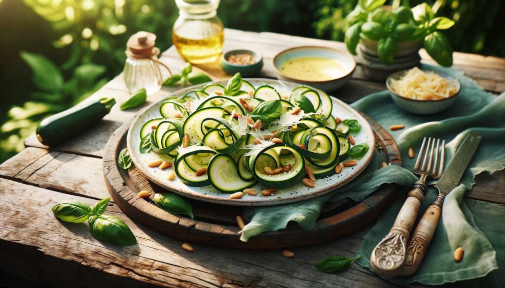 Squash Garden Recipes 3 A bright and airy outdoor setting featuring a rustic wooden table adorned with a vibrant zucchini ribbon salad. The salad is elegantly plated