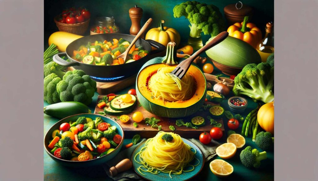 Squash Garden Recipes 4 A colorful and vibrant kitchen scene showcasing the preparation of spaghetti squash primavera. The spaghetti squash is cut in half and roasted