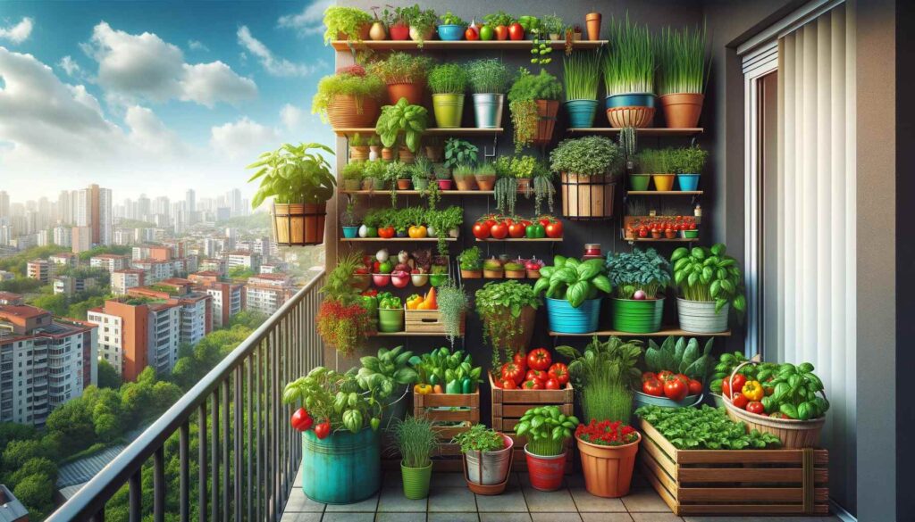 Vegetable Gardening in an Apartment 4 A variety of vegetables and herbs growing in colorful pots and planters on a small apartment balcony. The image showcases an efficient use of limited