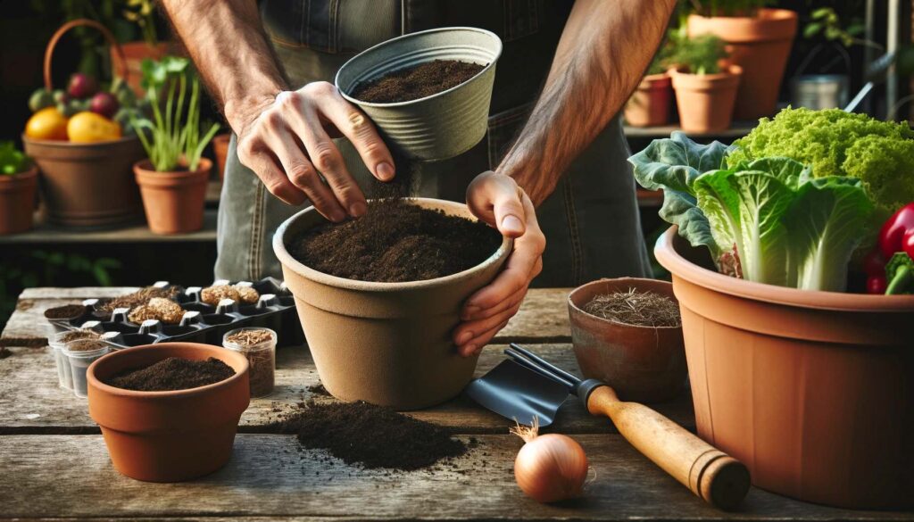 Vegetable Gardening in an Apartment 3 Close-up view of a gardener's hands filling a pot with high-quality potting mix, preparing it for planting vegetables.