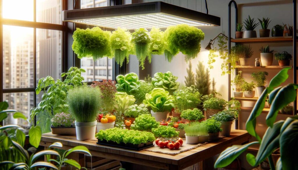 Vegetable Gardening in an Apartment 2 A lush indoor vegetable garden scene with a variety of plants like lettuce, herbs, and small tomatoes growing in containers under LED grow lights.