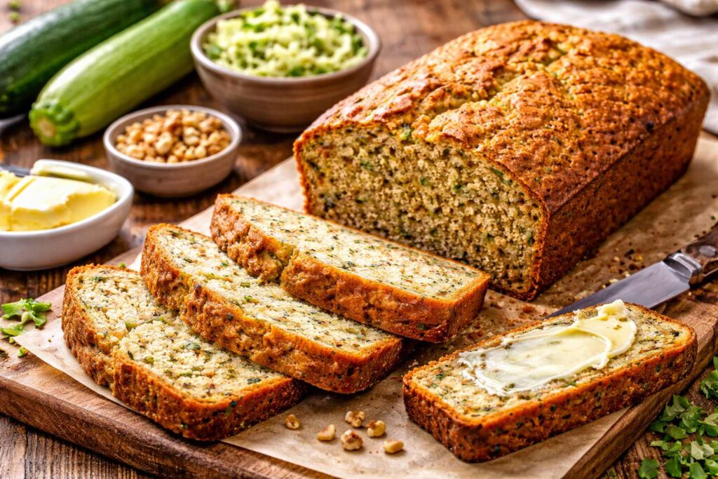Freshly baked zucchini bread with butter