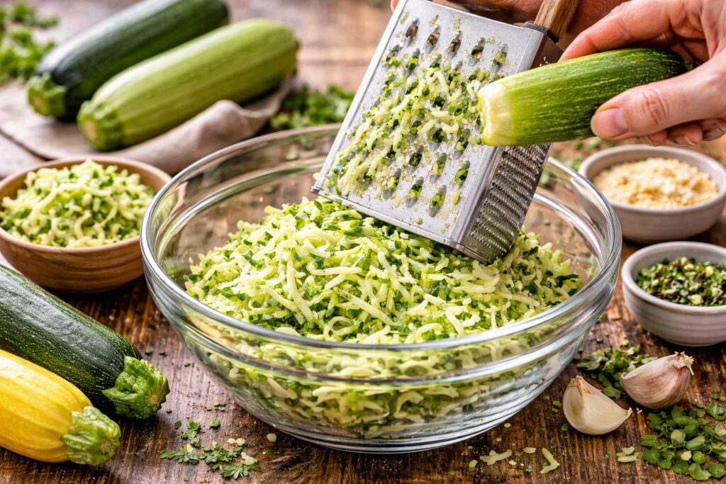 Freshly grated zucchini and ingredients