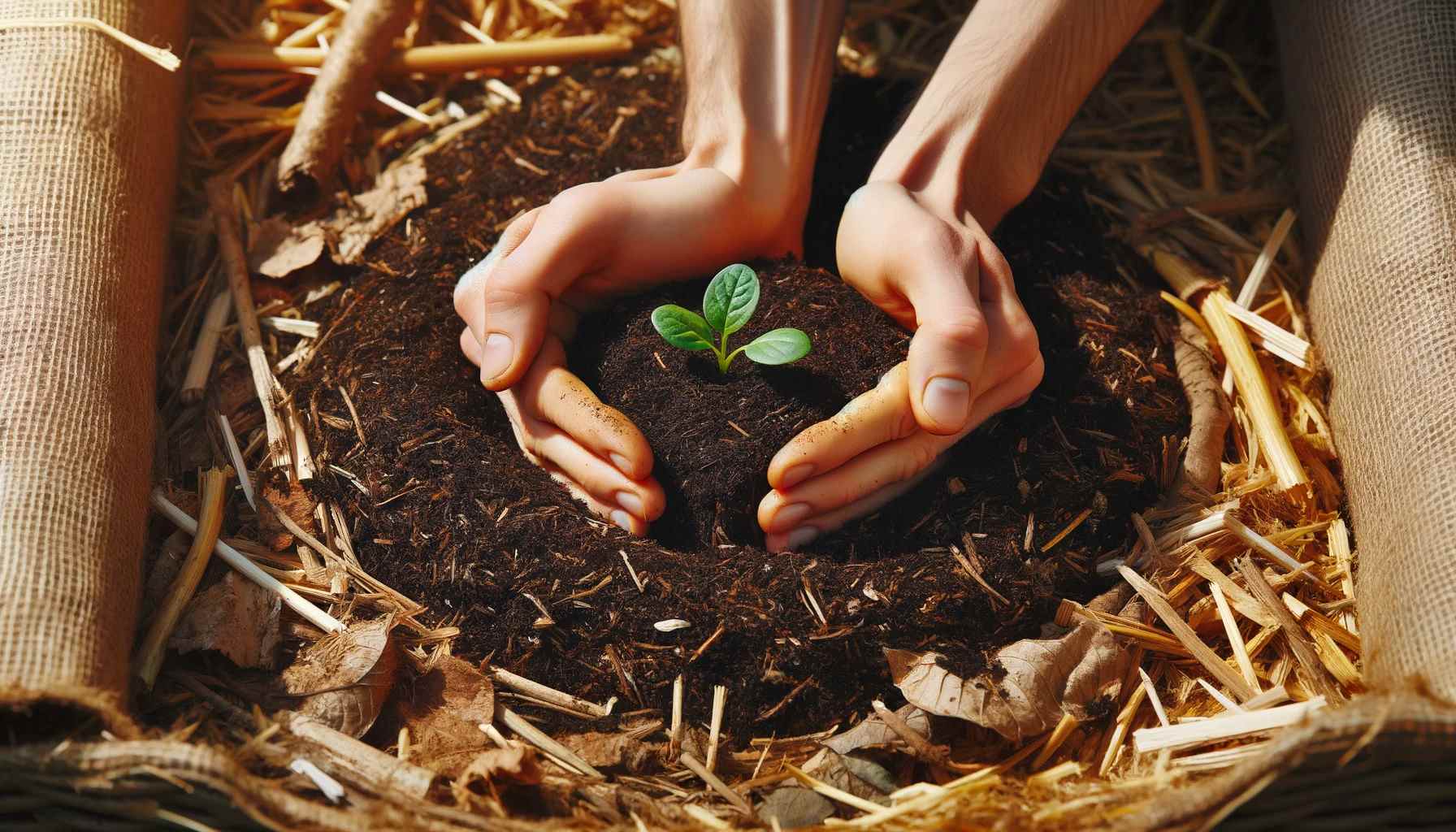 No Till Gardening 1 A close-up view of a gardener's hands gently placing a seedling into a rich, layered compost bed, symbolizing the planting process in a no-till garden