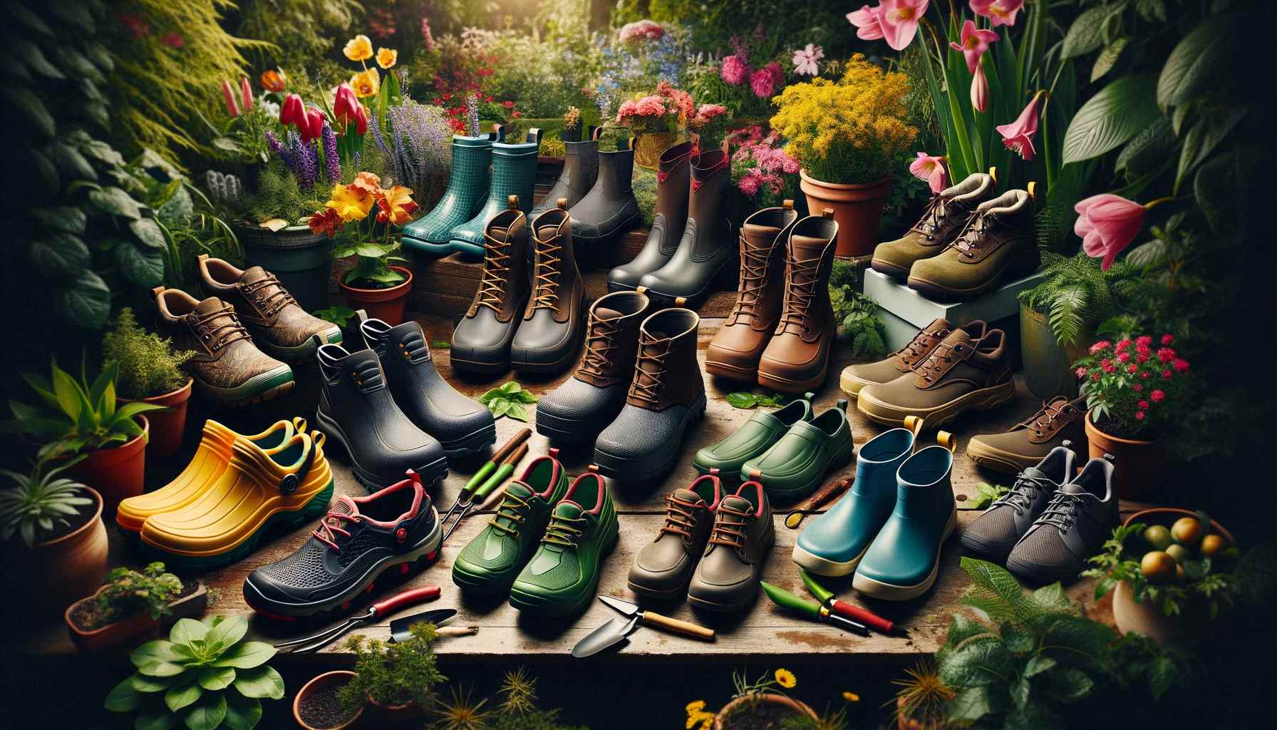 The Essential Guide to Gardening Shoes 1 A collection of gardening shoes in various styles and colors, displayed against a garden backdrop. This image showcases the diversity in gardening foot wear