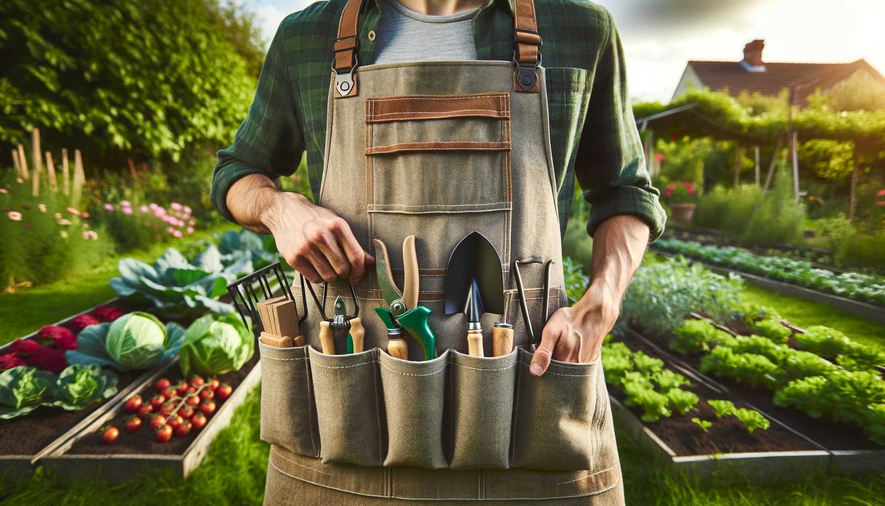 Gardening Apron 1 An image of a well-designed gardening apron, featuring multiple pockets and loops for tools, set against the backdrop of a lush vegetable garden.