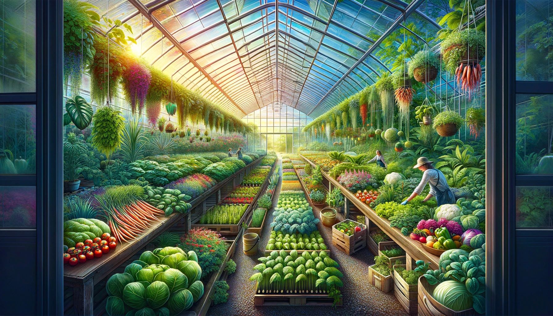 Greenhouse Gardening 1 A vibrant and lush interior view of a greenhouse filled with a variety of plants and vegetables, representing a well-maintained greenhouse garden.