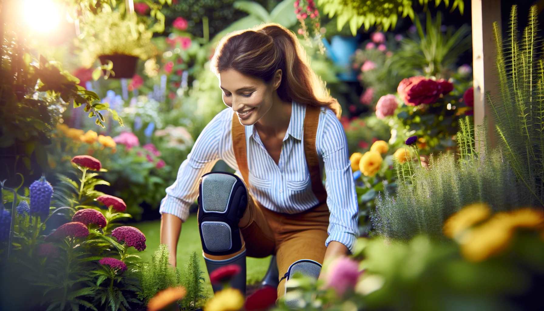 Gardening Knee Pads 1 A detailed image of a woman in a vibrant, blooming garden, kneeling and wearing a pair of stylish and ergonomic gardening knee pads.