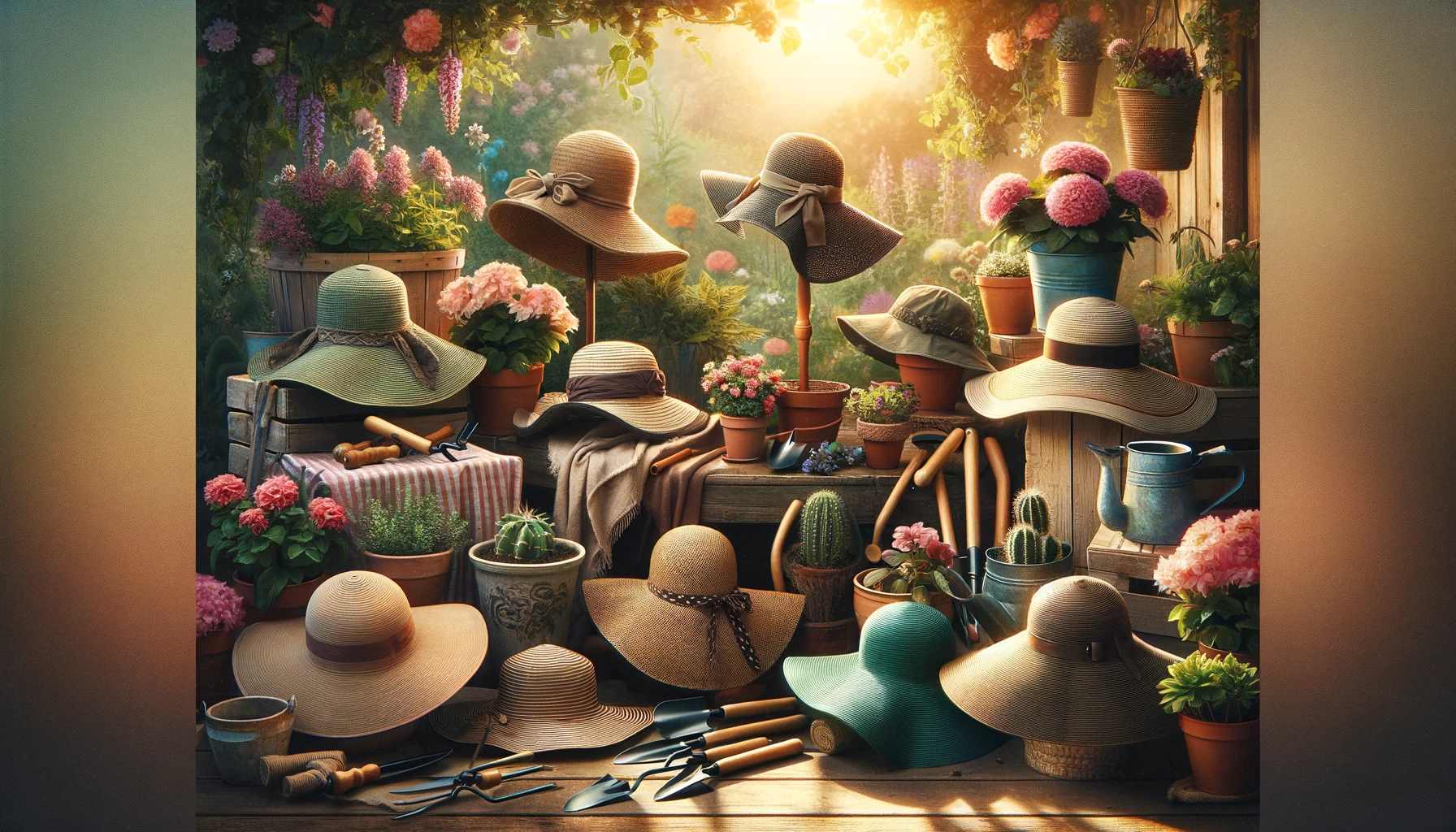Perfect Gardening Hat 1 An image showcasing a variety of gardening hats arranged in a beautiful outdoor garden setting. The collection includes wide-brimmed hats, straw hats,