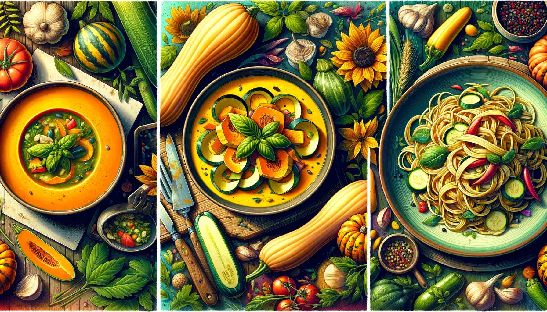Squash Garden Recipes 1 An artistic collage of the three squash dishes featured in the garden recipes article. The collage includes the roasted butternut squash soup