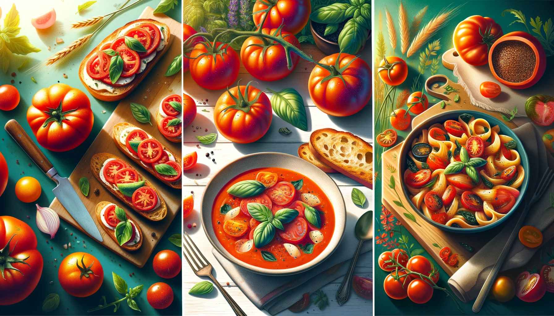 Three Tomato Recipes 1 A vibrant collage showcasing the three garden tomato recipes_ heirloom tomato and basil bruschetta on toasted baguette slices, a bowl of chilled