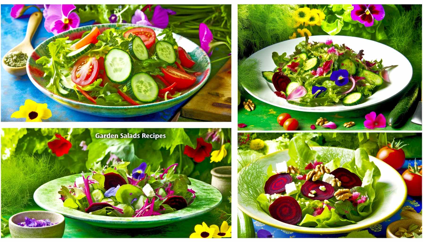 A vibrant collage showcasing the three garden salad recipes_ the Crunchy Cucumber and Tomato Salad with Herb Dressing, the Mixed Greens