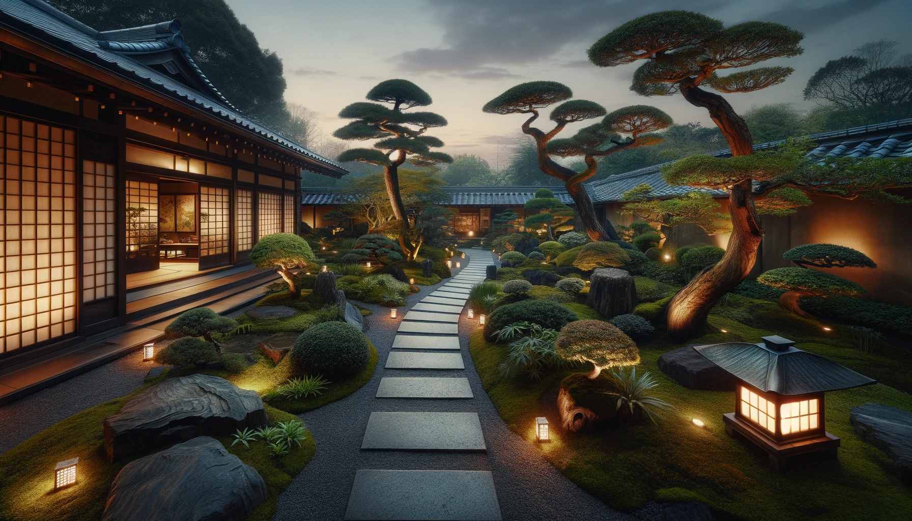 A panoramic view of an Asian-inspired garden at dusk, capturing the garden's peaceful ambiance and intricate design elements.