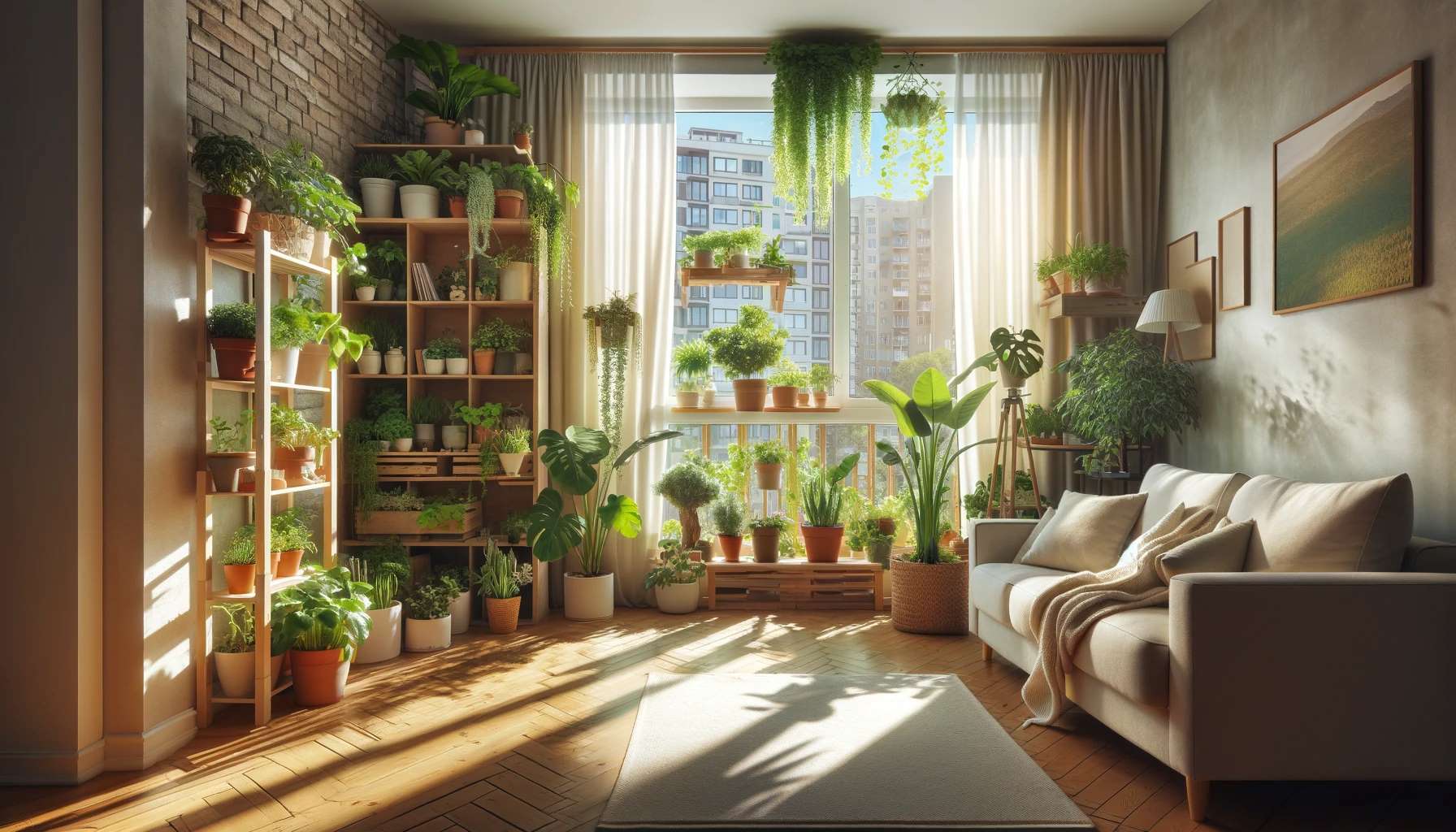 Vegetable Gardening in an Apartment 1 A cozy apartment living room bathed in natural sunlight from a south-facing window, filled with a variety of green plants in containers on windowsills
