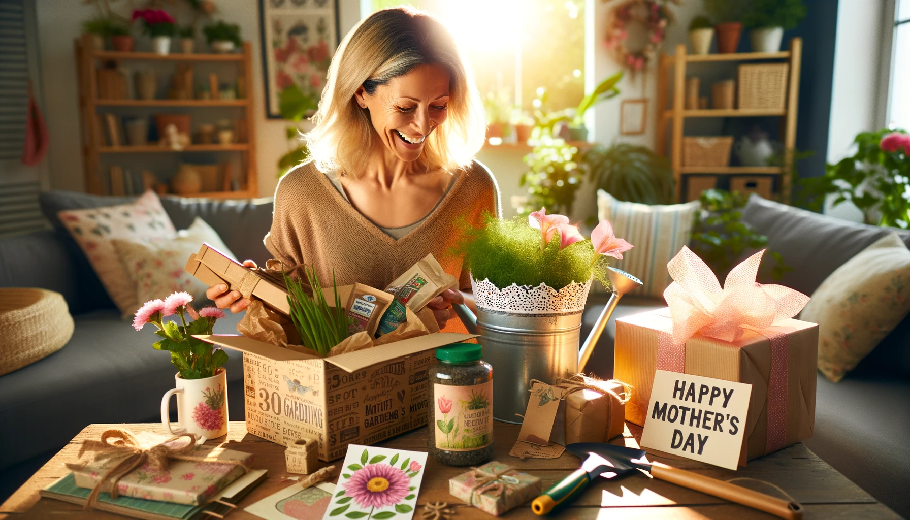 A heartwarming scene of a woman opening gardening gifts for Mother's Day, set in a sunny living room. The woman is in her 40s, smiling brightly
