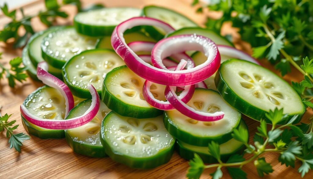 Fresh cucumbers and red onion for salad Fresh cucumbers and red onion for salad